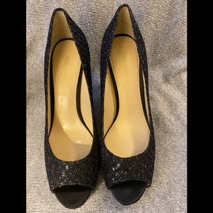 Enzo Angiolini black peep toe sequin heels.